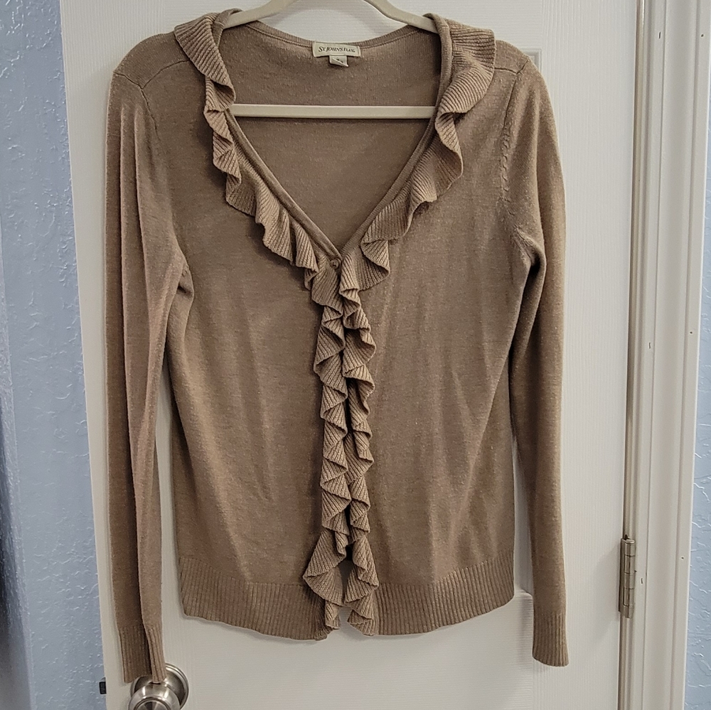 St Johns Bay Tan Ruffle Button Up Sweater